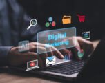 Digital marketing commerce online and AI technology engines for business concept, Businessman use the laptop plan digital marketing, digital channels search engines, social media, email, smartphone